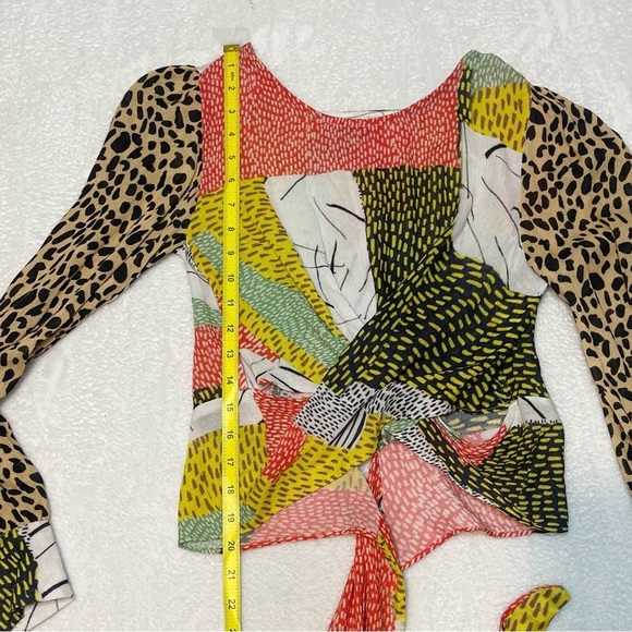 Anthropologie Bl-nk Colorful Abstract Patchwork Long Sleeve Tie Waist Blouse - Picture 6 of 13